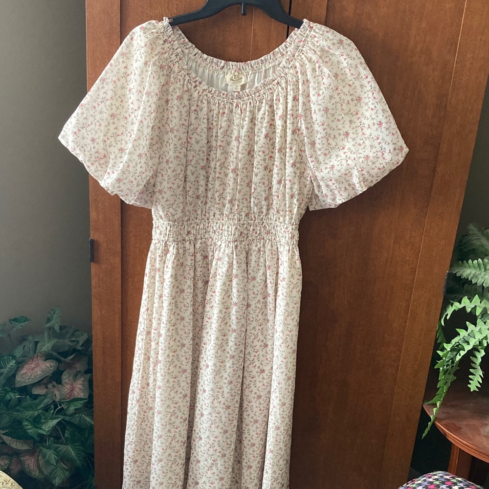 Henly Floral Cream Midi Dress Puff Sleeve Waist Cinched Cottagecore